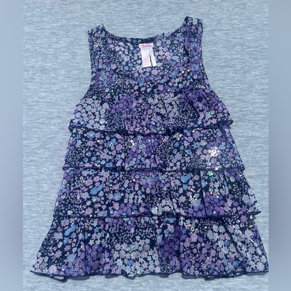 Justice girls size 16 purple floral‎ glitter tiered ruffles tie back tank top